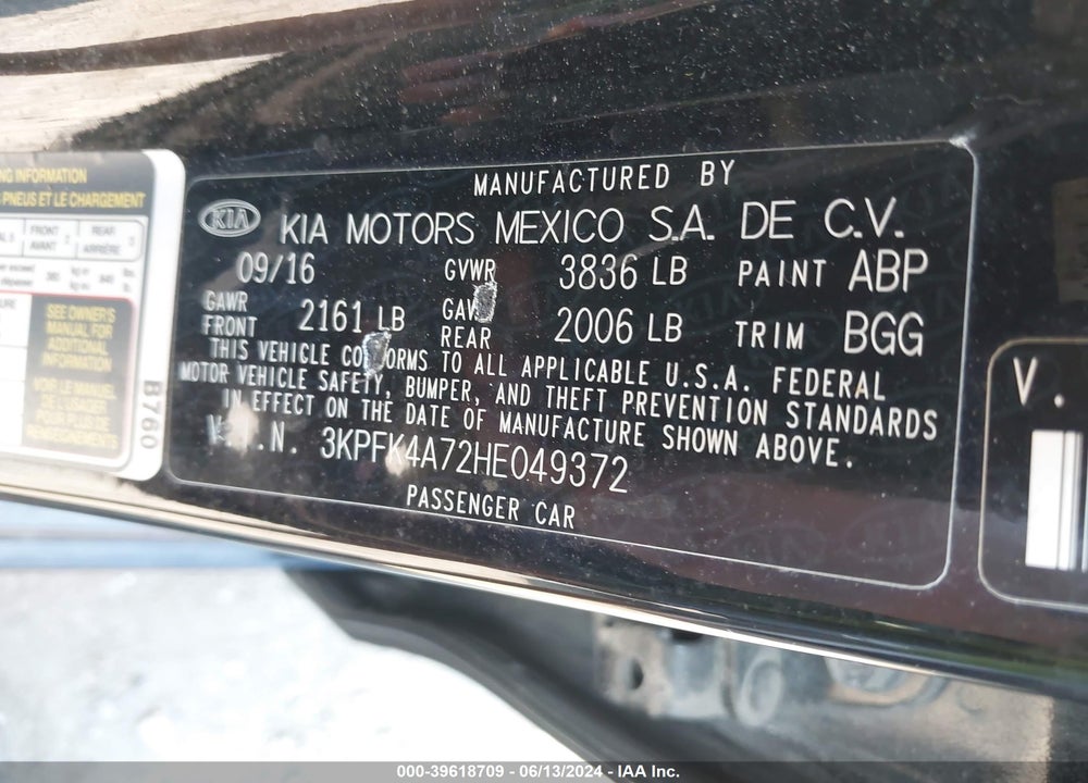 2017 KIA FORTE LX VIN: 3KPFK4A72HE049372