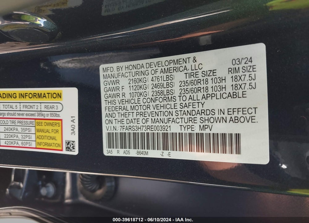 2024 HONDA CR-V EX-L 2WD VIN: 7FARS3H73RE003921