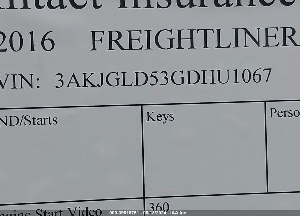 2016 FREIGHTLINER CASCADIA 125 VIN: 3AKJGLD53GDHU1067