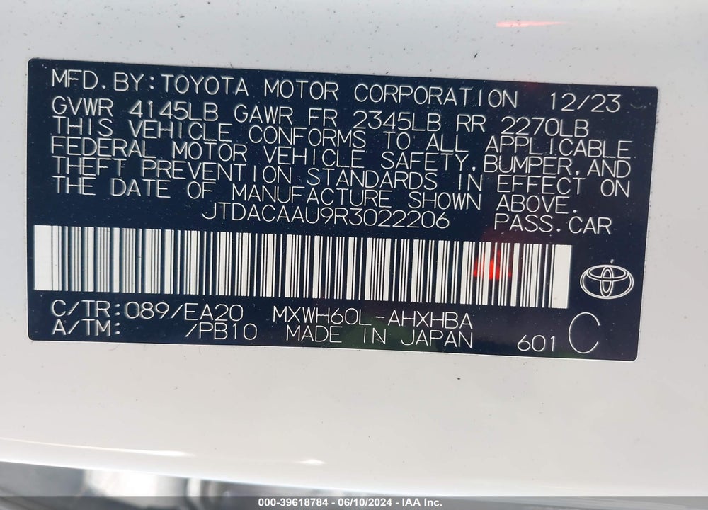 2024 TOYOTA PRIUS LIMITED VIN: JTDACAAU9R3022206