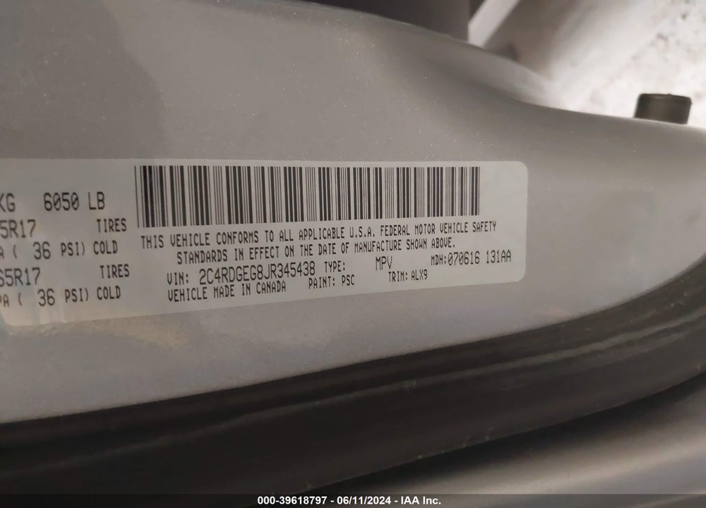 2018 DODGE GRAND CARAVAN GT VIN: 2C4RDGEG8JR345438