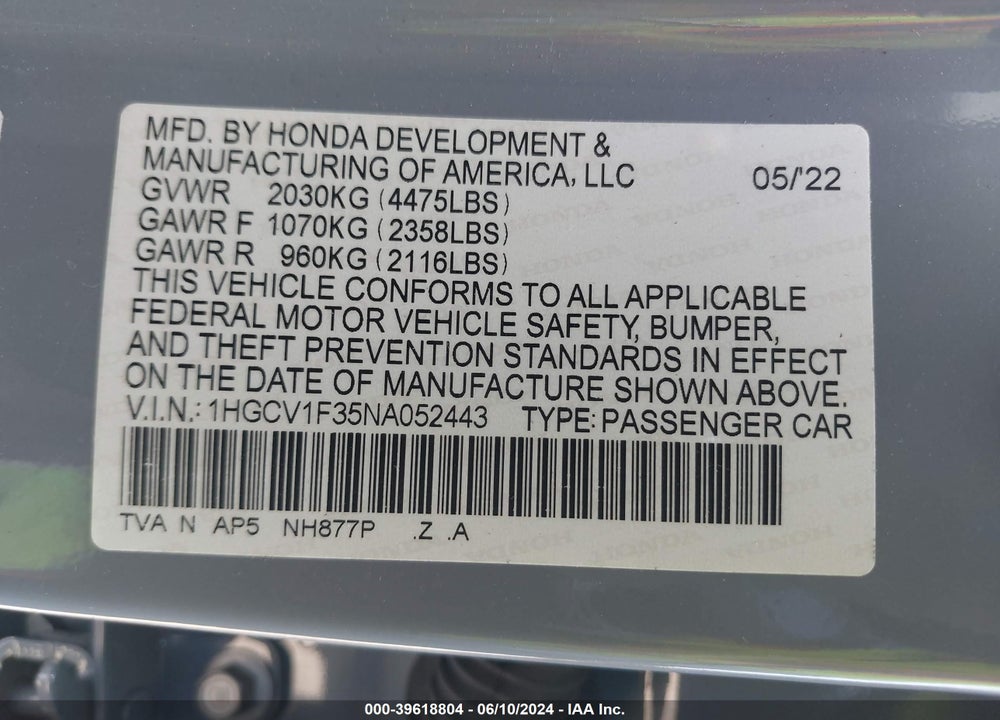 2022 HONDA ACCORD SPORT VIN: 1HGCV1F35NA052443