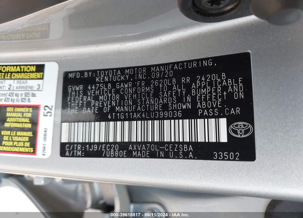 2020 TOYOTA CAMRY SE NIGHTSHADE EDITION VIN: 4T1G11AK4LU399036