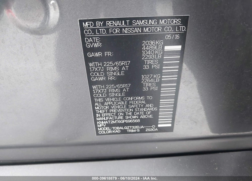 2016 NISSAN ROGUE SV VIN: KNMAT2MT6GP696568