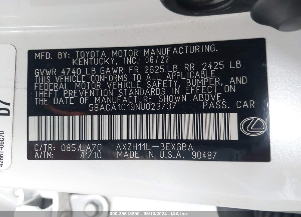 2022 LEXUS ES 300H VIN: 58ACA1C19NU023737