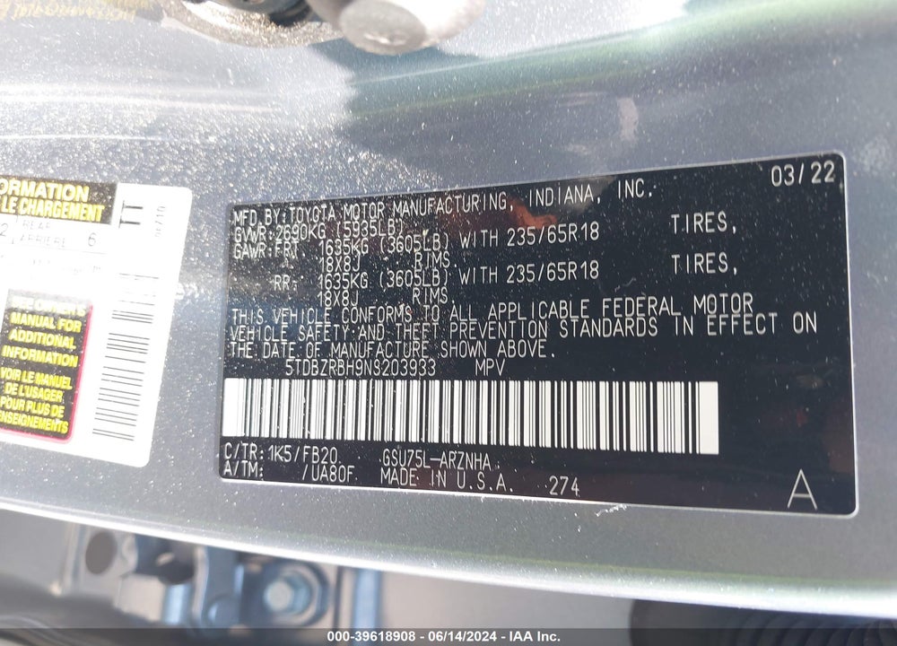 2022 TOYOTA HIGHLANDER LE VIN: 5TDBZRBH9NS203933