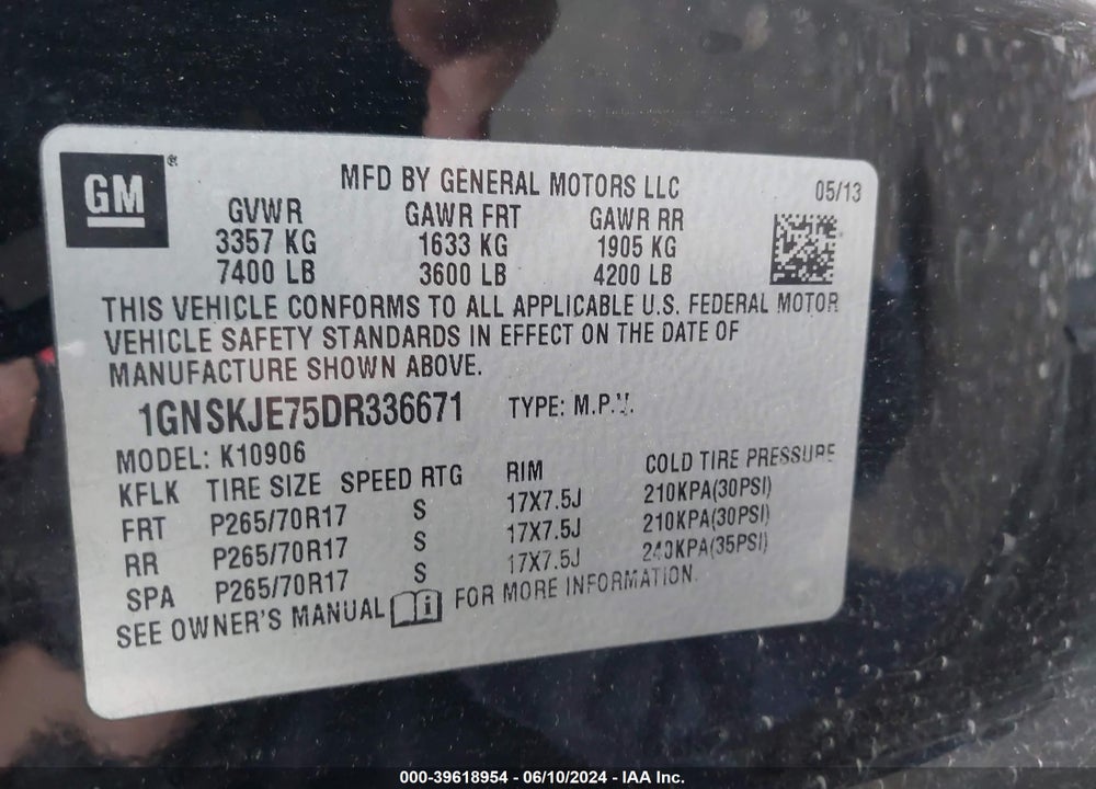 2013 CHEVROLET SUBURBAN 1500 VIN: 1GNSKJE75DR336671