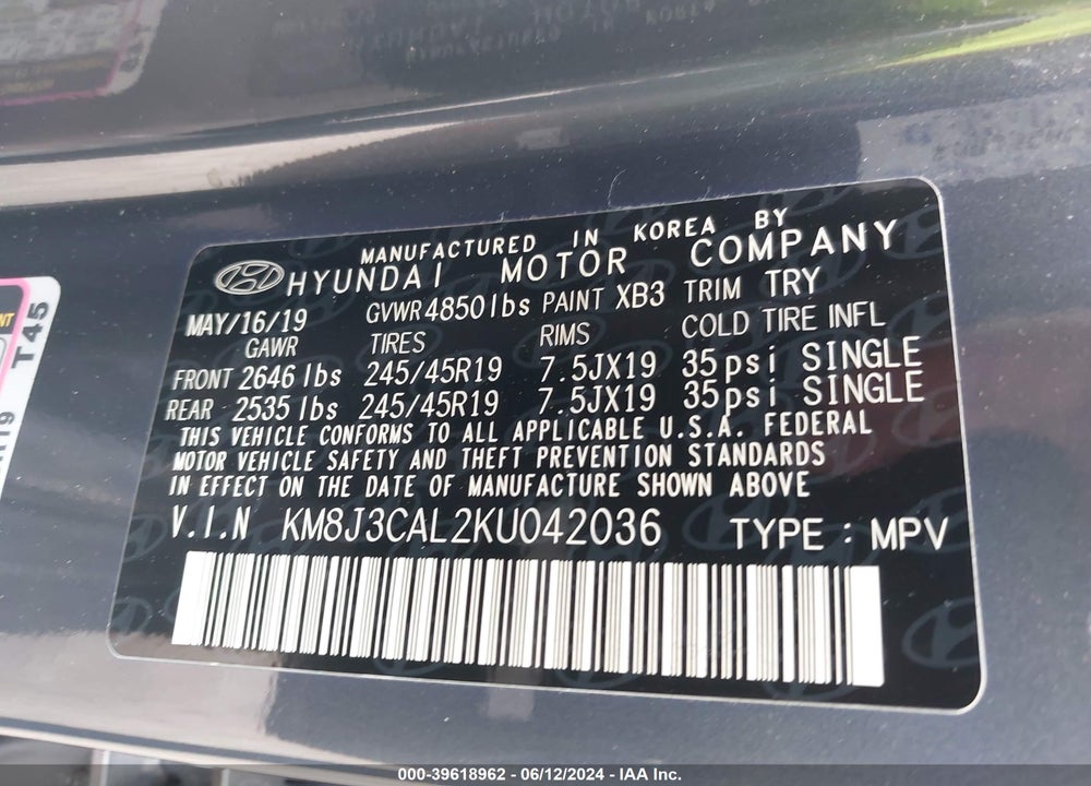 2019 HYUNDAI TUCSON SPORT VIN: KM8J3CAL2KU042036
