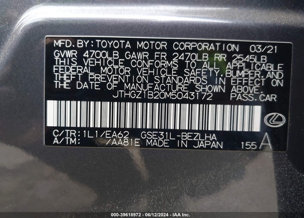 2021 LEXUS IS 350 F-SPORT VIN: JTHGZ1B20M5043172