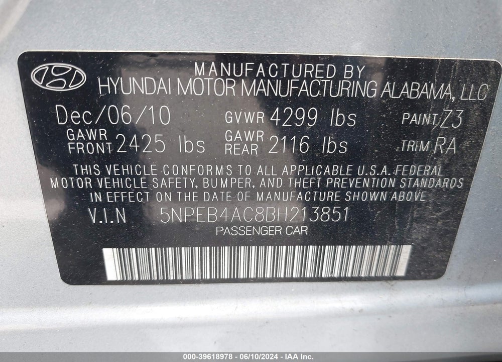2011 HYUNDAI SONATA GLS VIN: 5NPEB4AC8BH213851