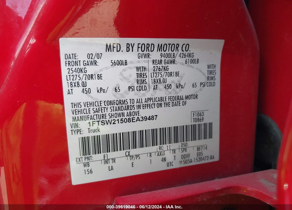 2008 FORD F-250 FX4/KING RANCH/LARIAT/XL/XLT VIN: 1FTSW21508EA39487