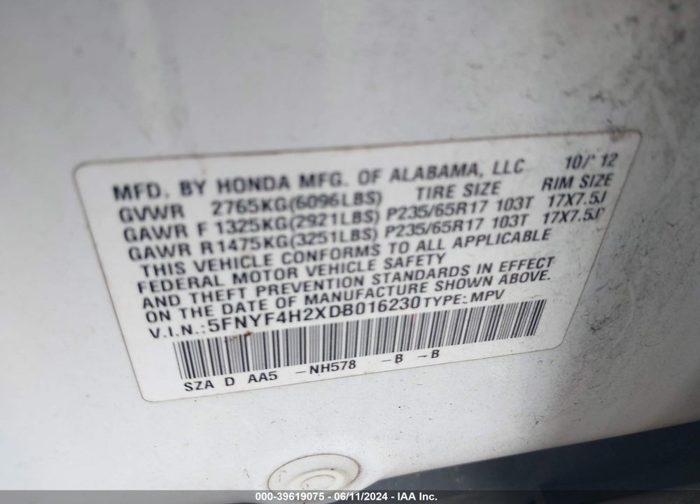 2013 HONDA PILOT LX VIN: 5FNYF4H2XDB016230
