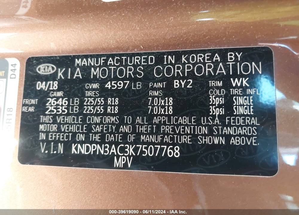 2019 KIA SPORTAGE EX VIN: KNDPN3AC3K7507768