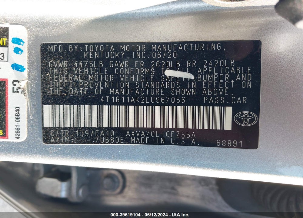 2020 TOYOTA CAMRY SE VIN: 4T1G11AK2LU967056