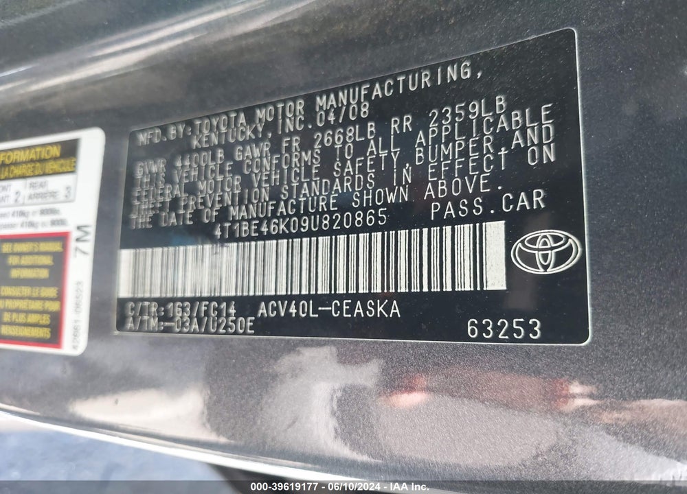 2009 TOYOTA CAMRY SE VIN: 4T1BE46K09U820865
