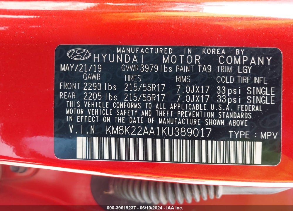 2019 HYUNDAI KONA SEL VIN: KM8K22AA1KU389017