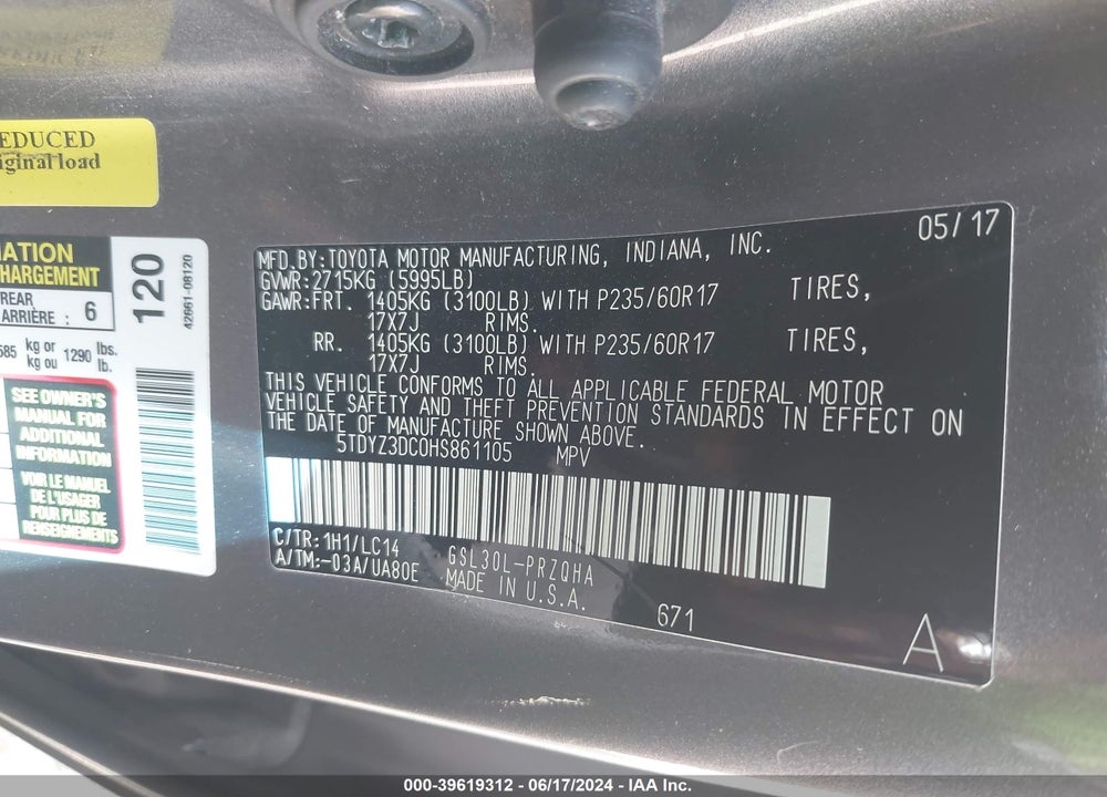 2017 TOYOTA SIENNA XLE PREMIUM 8 PASSENGER VIN: 5TDYZ3DC0HS861105