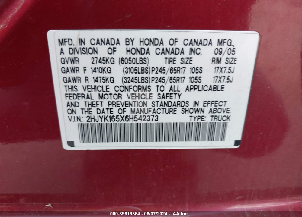 2006 HONDA RIDGELINE RTL VIN: 2HJYK165X6H542373