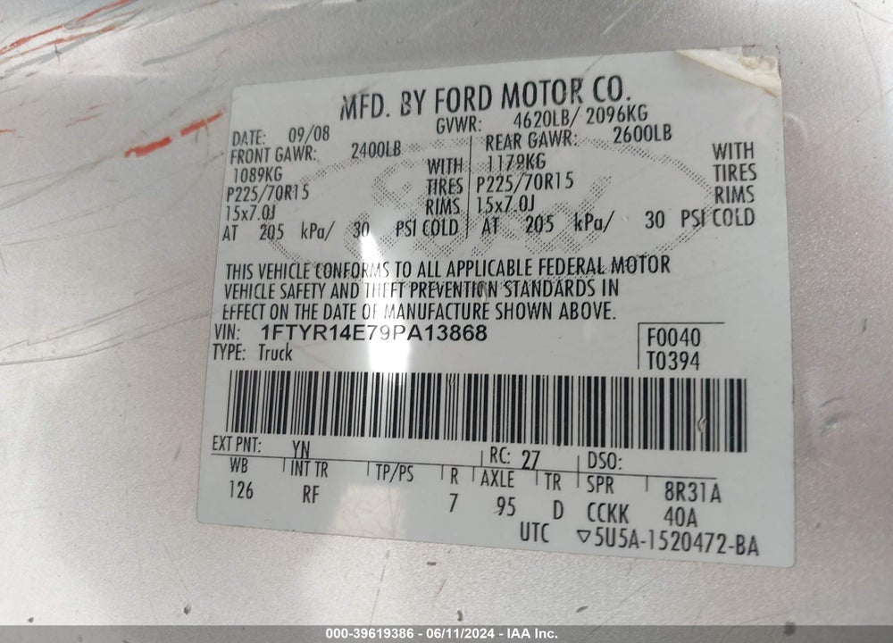 2009 FORD RANGER SPORT/XL/XLT VIN: 1FTYR14E79PA13868