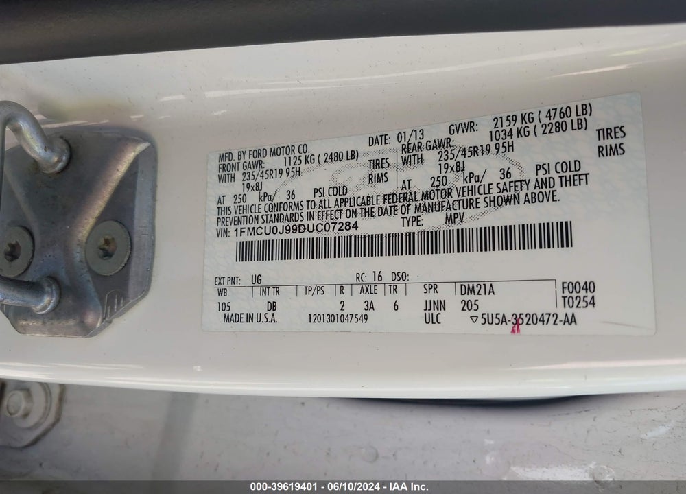 2013 FORD ESCAPE TITANIUM VIN: 1FMCU0J99DUC07284