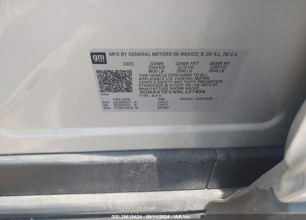 2022 CHEVROLET EQUINOX AWD 2FL VIN: 3GNAXTEVXNL137454