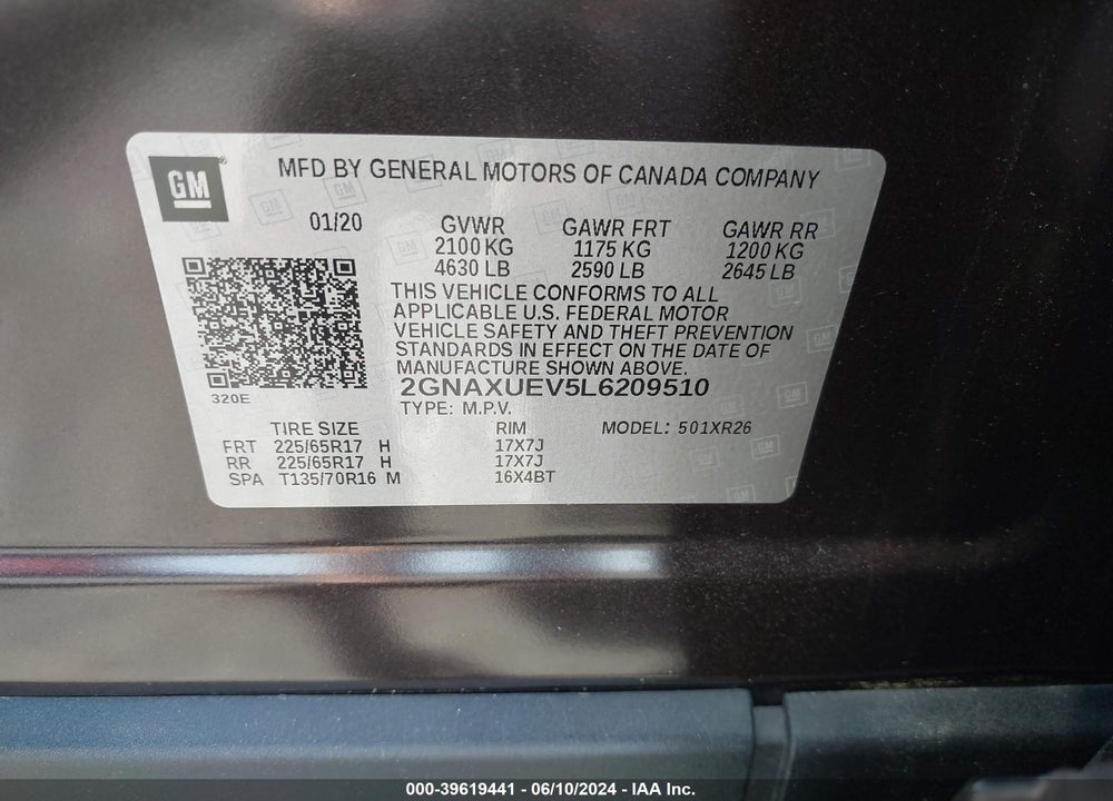 2020 CHEVROLET EQUINOX AWD LT 1.5L TURBO VIN: 2GNAXUEV5L6209510