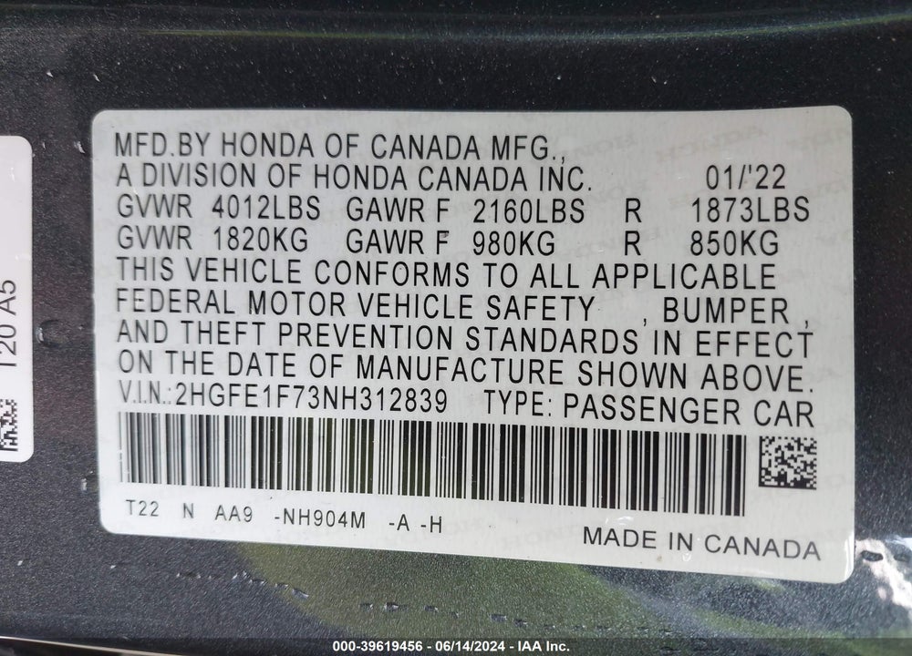 2022 HONDA CIVIC EX VIN: 2HGFE1F73NH312839