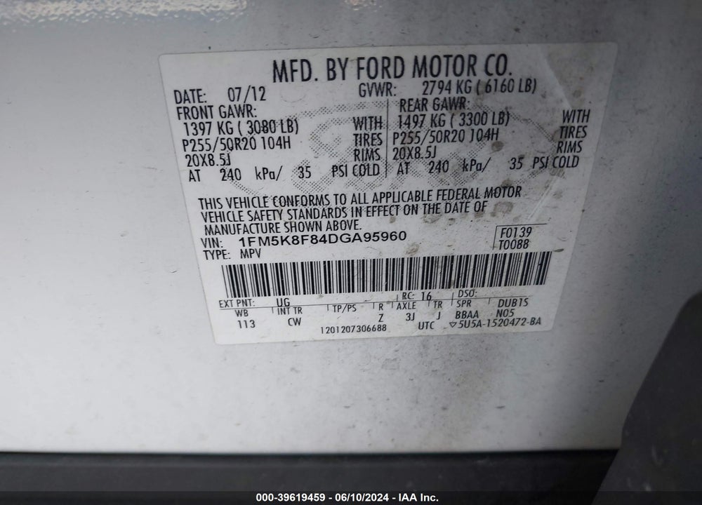 2013 FORD EXPLORER LIMITED VIN: 1FM5K8F84DGA95960