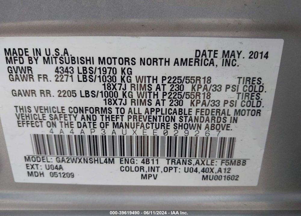 2014 MITSUBISHI OUTLANDER SPORT ES VIN: 4A4AP3AUXEE029267