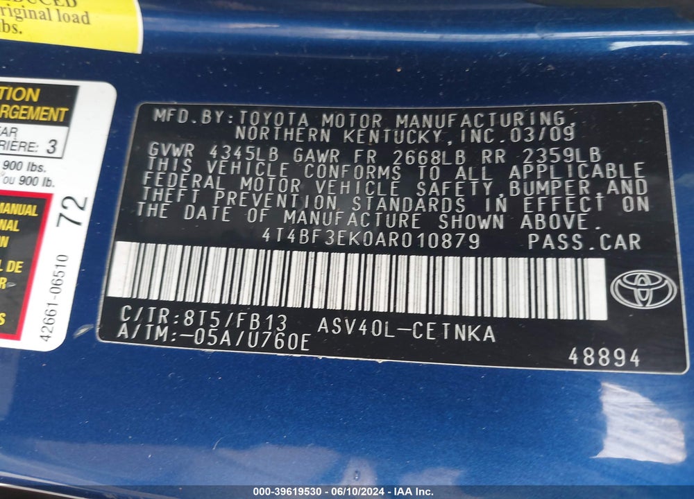 2010 TOYOTA CAMRY LE VIN: 4T4BF3EK0AR010879