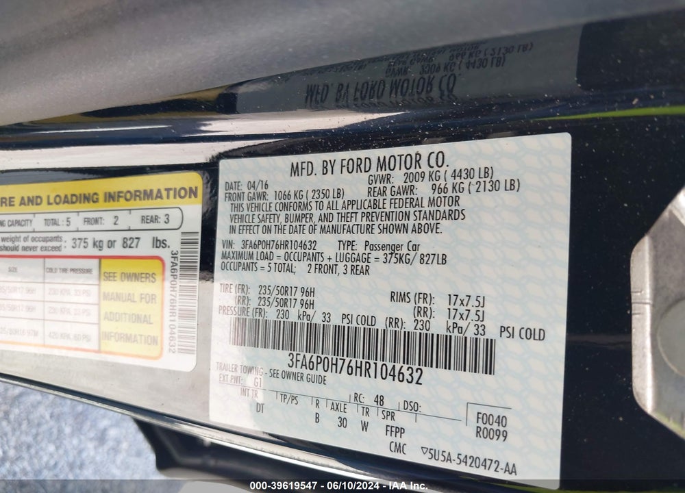 2017 FORD FUSION SE VIN: 3FA6P0H76HR104632