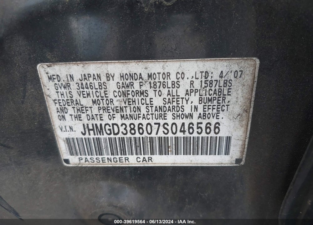 2007 HONDA FIT VIN: JHMGD38607S046566