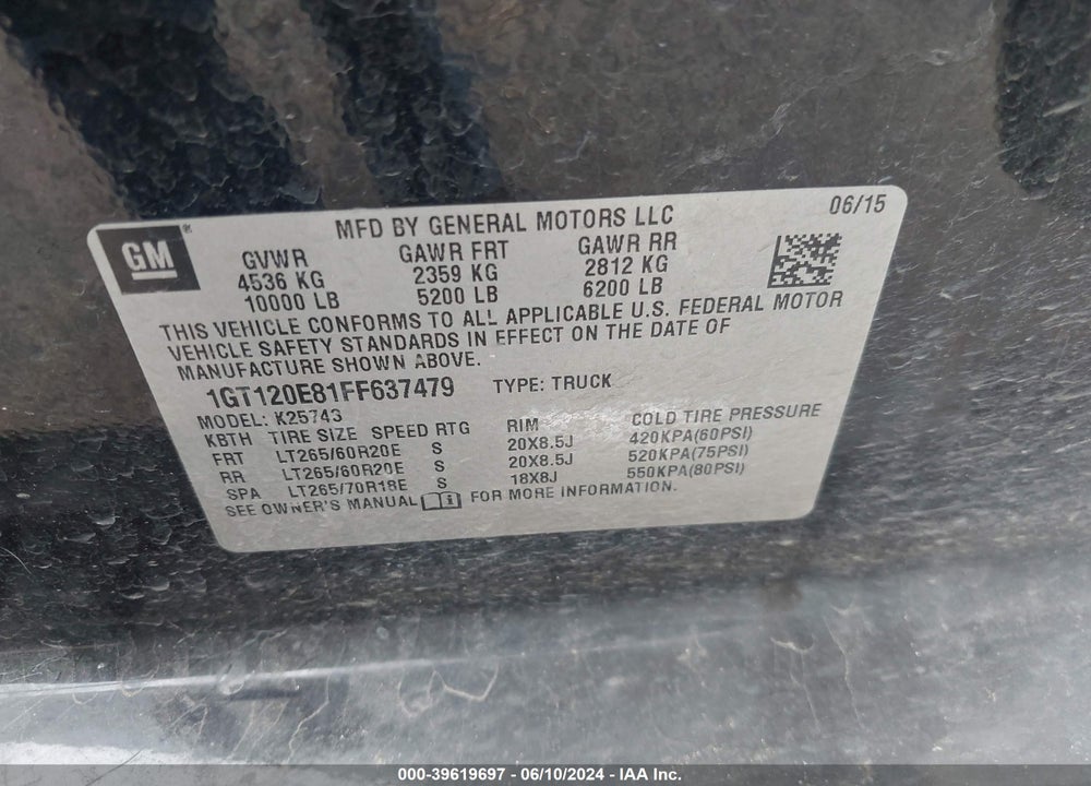 2015 GMC SIERRA 2500HD DENALI VIN: 1GT120E81FF637479