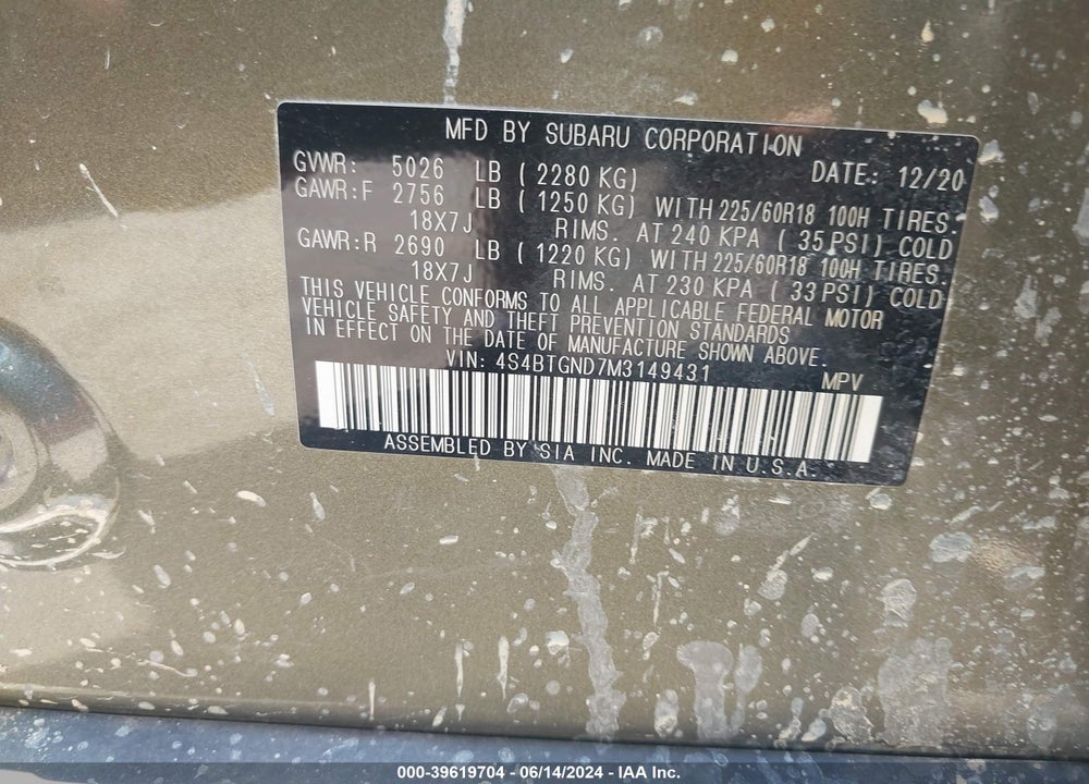 2021 SUBARU OUTBACK LIMITED XT VIN: 4S4BTGND7M3149431