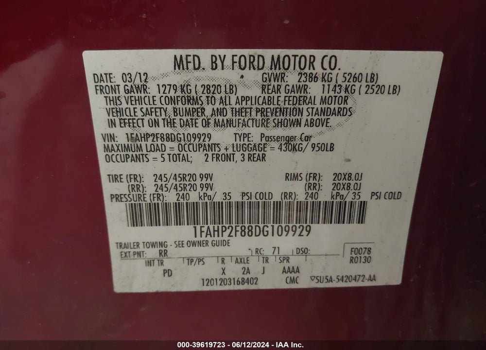 2013 FORD TAURUS LIMITED VIN: 1FAHP2F88DG109929