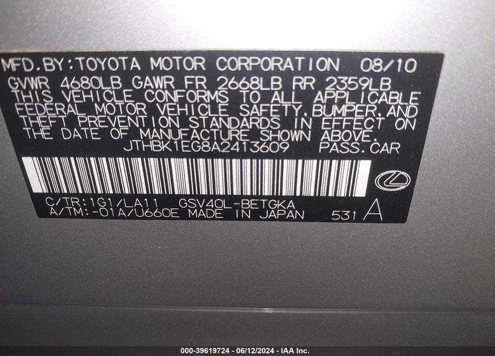 2010 LEXUS ES 350 VIN: JTHBK1EG8A2413609