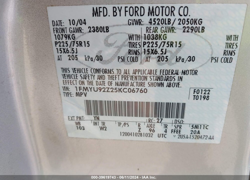 2005 FORD ESCAPE XLS VIN: 1FMYU92Z25KC06760