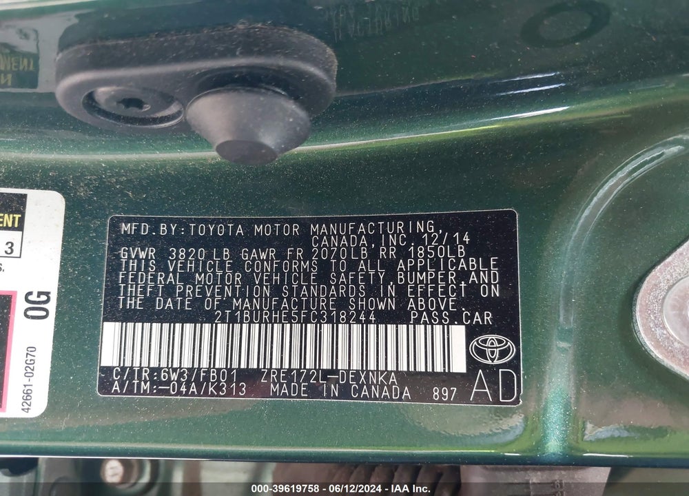 2015 TOYOTA COROLLA LE VIN: 2T1BURHE5FC318244