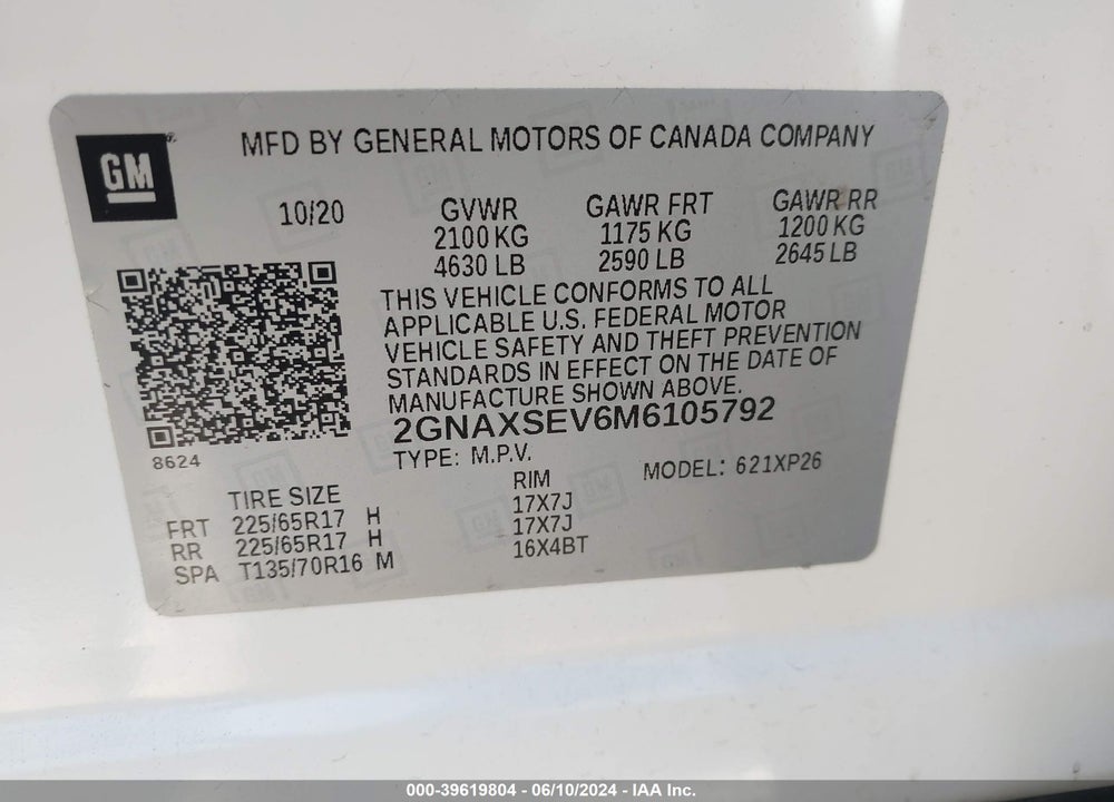 2021 CHEVROLET EQUINOX AWD LS VIN: 2GNAXSEV6M6105792