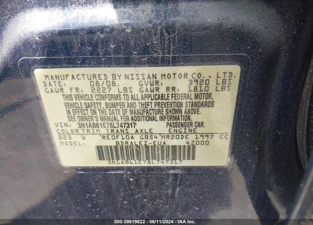 2008 NISSAN SENTRA 2.0S VIN: 3N1AB61E78L747317