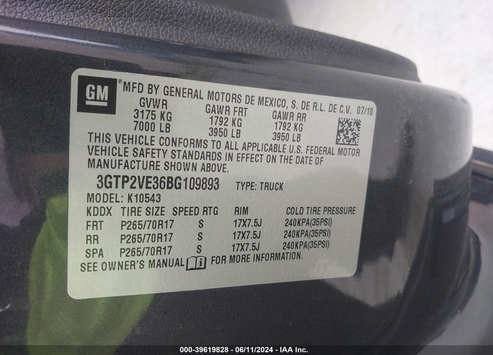 2011 GMC SIERRA 1500 SLE VIN: 3GTP2VE36BG109893
