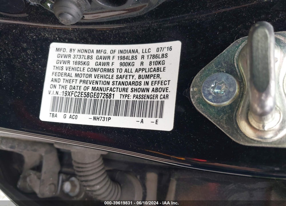 2016 HONDA CIVIC VIN: 19XFC2E58GE072681