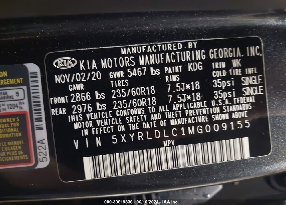 2021 KIA SORENTO S VIN: 5XYRLDLC1MG009155