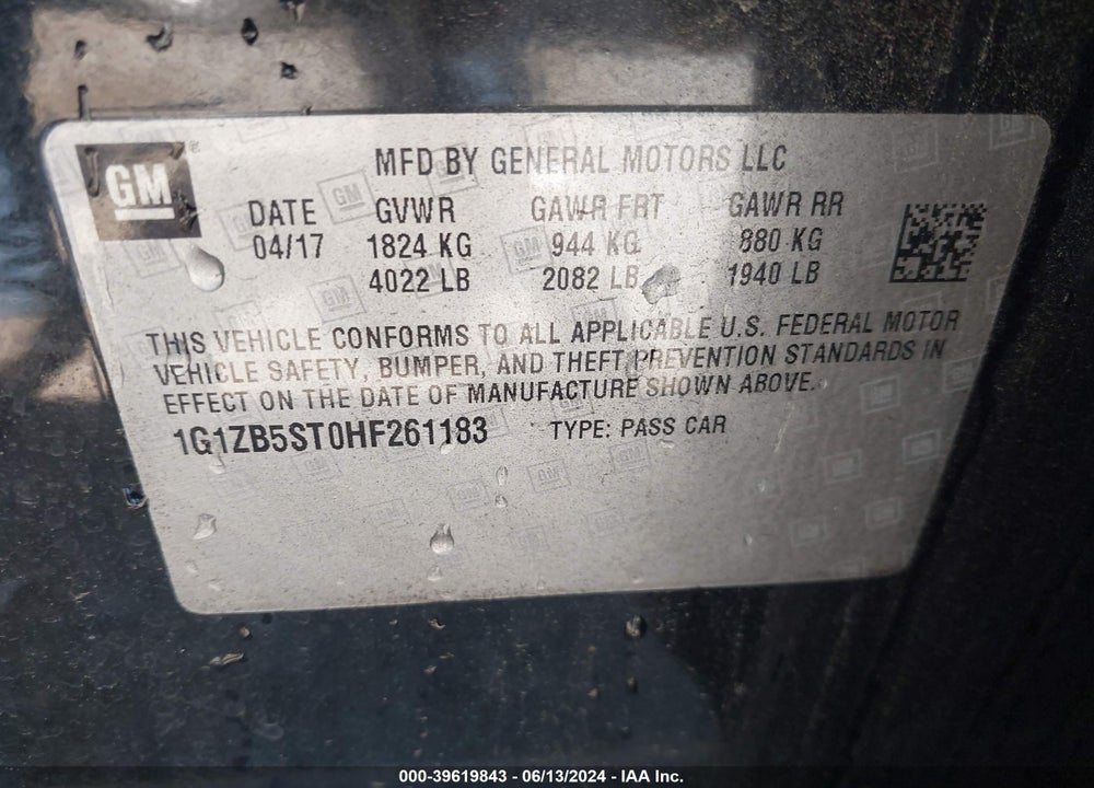 2017 CHEVROLET MALIBU VIN: 1G1ZB5ST0HF261183