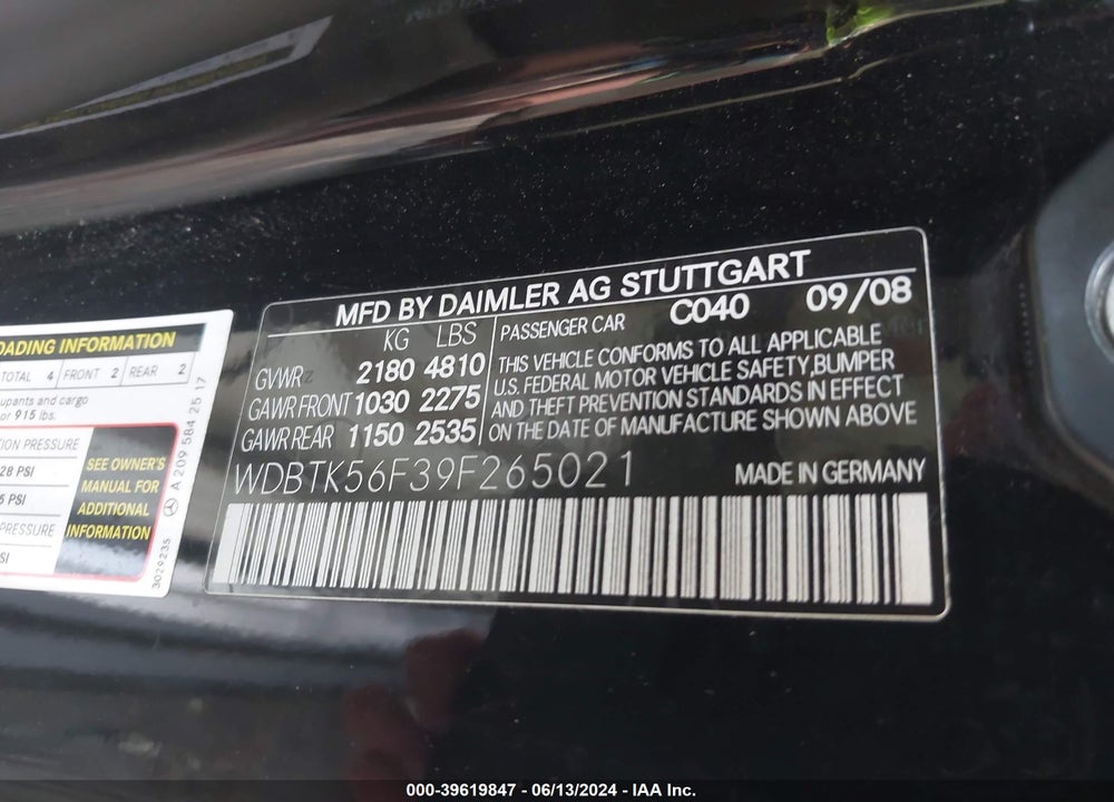 2009 MERCEDES-BENZ CLK 350 VIN: WDBTK56F39F265021