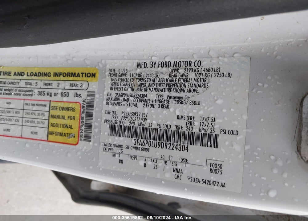 2013 FORD FUSION HYBRID SE VIN: 3FA6P0LU9DR224304