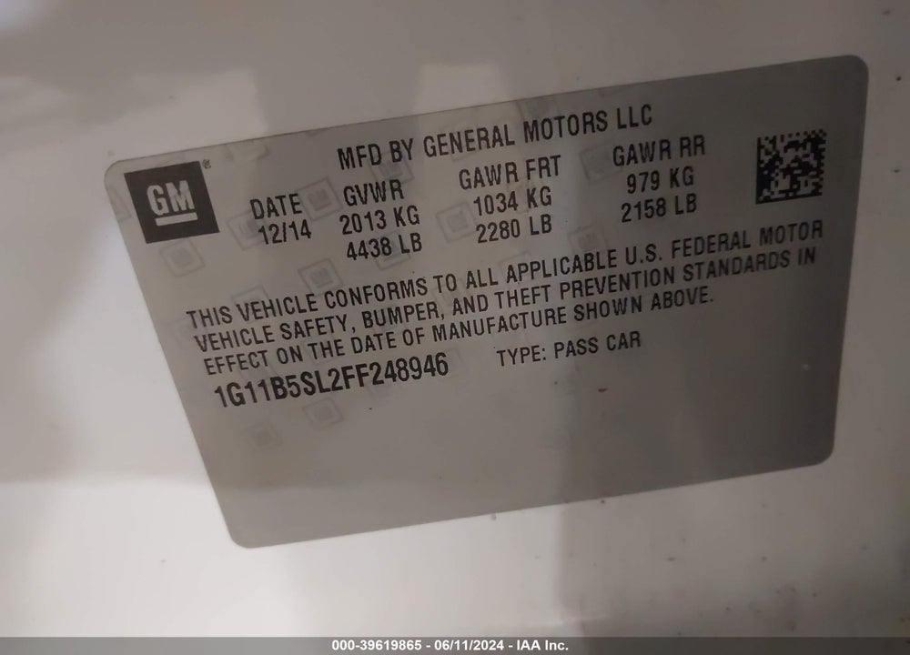 2015 CHEVROLET MALIBU LS VIN: 1G11B5SL2FF248946