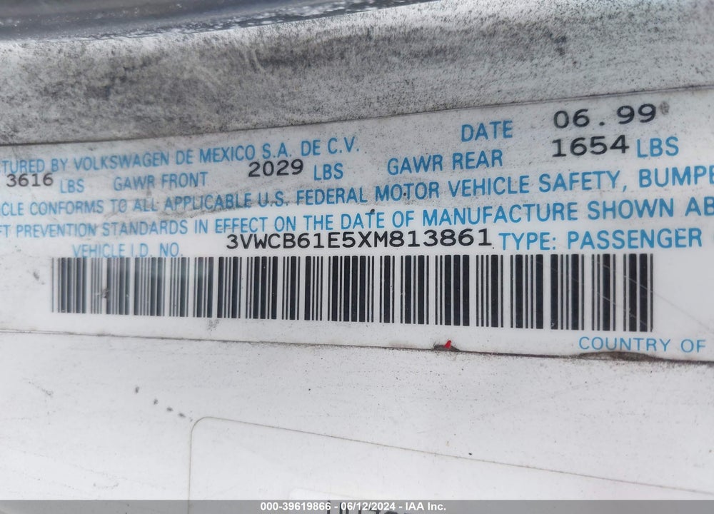1999 VOLKSWAGEN CABRIO GL VIN: 3VWCB61E5XM813861