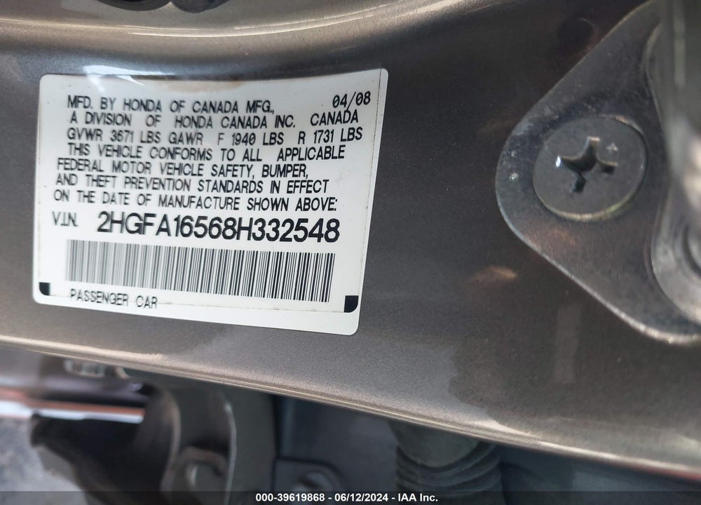 2008 HONDA CIVIC LX VIN: 2HGFA16568H332548
