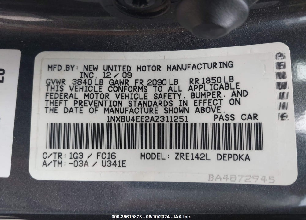 2010 TOYOTA COROLLA LE VIN: 1NXBU4EE2AZ311251